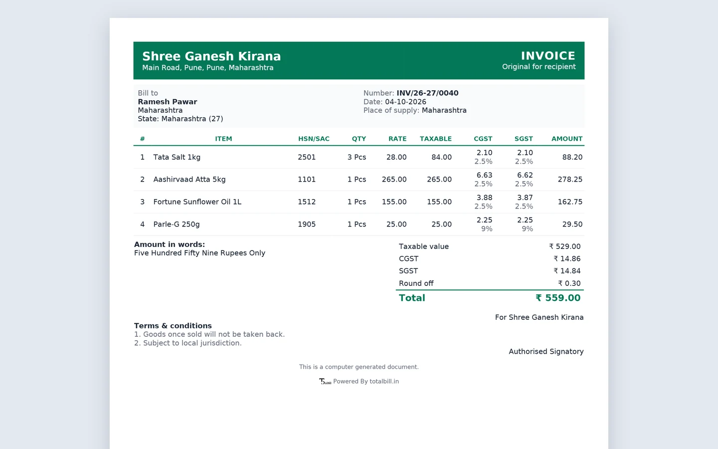 GST tax invoice with logo, totals and bank details
